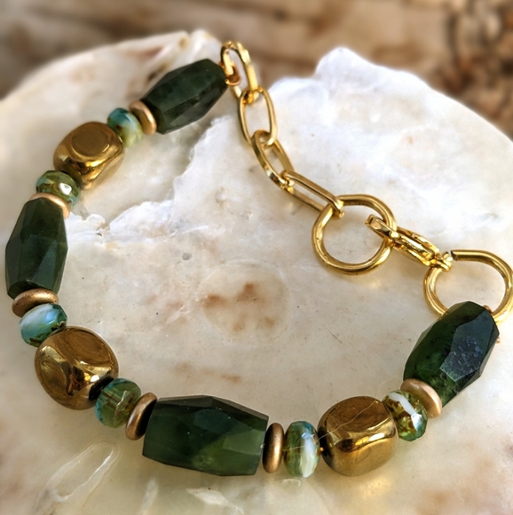 Large Natural Green Jade Barrel, Picasso Beads & Gold Nugget Bead Bracelet - Picture 2 of 5
